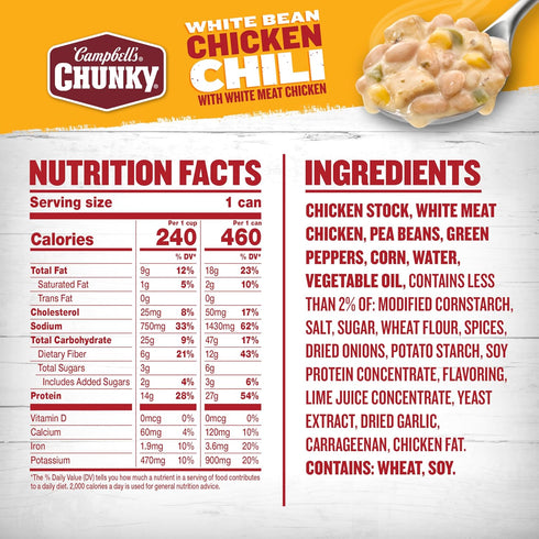 16.5 oz Campbells Chunky White Bean Chicken Chili, Can