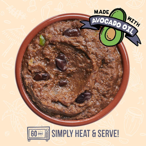 Dozen 6pk, A Cousins Vegan Refried Black Beans Seasoned Healthy Microwave Beans in Avocado Oil, Ready to Eat Prepared