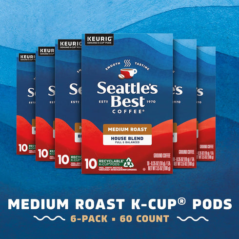 100% 6 (60 Seattles Best Coffee, Medium Roast K-Cup Coffee Pods, House Blend, Arabica, Boxes Pods Total)