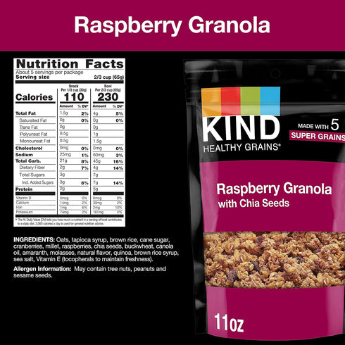 11 1 Count KIND Healthy Grains Clusters, Raspberry with Chia Seeds Granola, Gluten Free, Ounce Bags