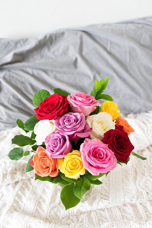 Dozen From You Flowers - One Rainbow Roses with Glass Vase | Fresh Flower Bouquets for Mother's Day, Birthday