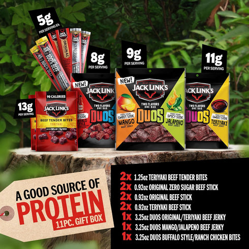 11-Piece Pack Jack Links DUOs Gift Box Includes Beef Jerky, Chicken & Tender Bites, & Sticks, Great Protein Gifts