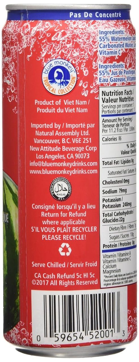 11.2oz (330ml) 12 Pack Blue Monkey Sparkling Watermelon Juice - Real Fruit Juice, No Sugar Added, All Natural, Lightly