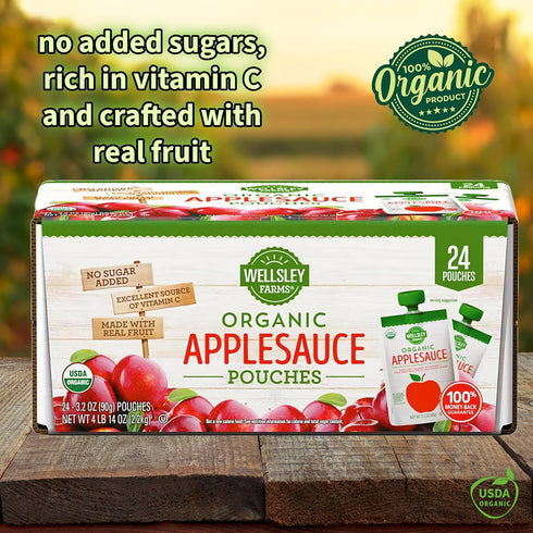 Wellsley Farms 24-Pack (3.2 oz 100% Organic Applesauce Pouches, Each) Real Fruit, No Sugar Added, Gluten-Free, Kosher