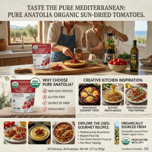 Packed, 3.17 oz Pure Anatolia Organic Sun-Dried Tomatoes Julienne Cut Dry No Oil Added, Unsulfured, No Preservatives