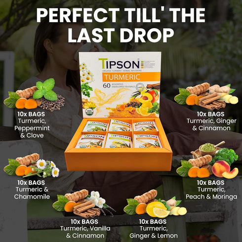 Tipson Organic Turmeric Variety Sampler - 6 Flavors (60 Tea Bags), Herbal Tea Infusions, USDA Organic