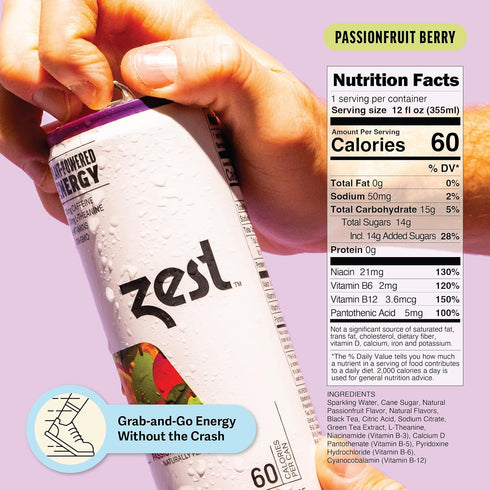 150mg 100mg 12oz 12 Pack Zest Clean Energy Drink Passionfruit Berry Caffeine + L-Theanine Natural Focus & Concentration