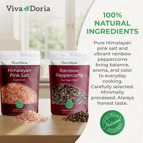 12 oz 2 lb 2-Set Pack Viva Doria Rainbow Peppercorns Blend & Himalayan Pink Salt, Coarse Grain, Steam Sterilized Mixed