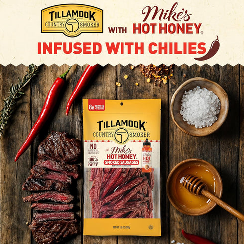 Country 9.25 Tillamook Smoker Beef Smoked Sausages, Mike's Hot Honey, Ounce, Real Hardwood Smoked Sausages, Low Carb