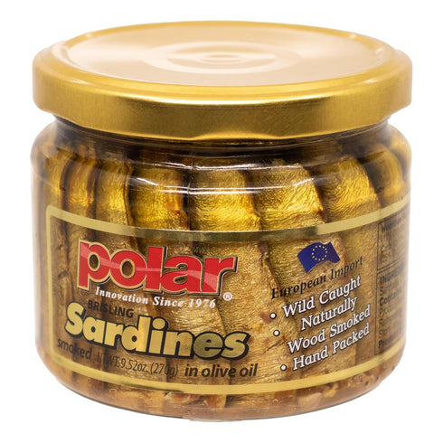 9.5oz (Pack 6) Hand-Packed, Omega-3, MW Polar Naturally Alder Wood Smoked Brisling Sardines in Olive Oil, Jar of |