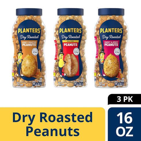 Pack, 16 oz (Pack 3), Package PLANTERS Peanuts Variety Dry Roasted Nuts, Jars, of Protein Snack Care