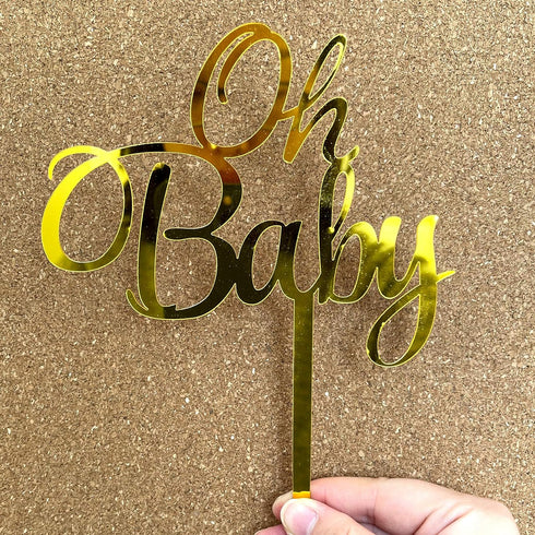 Baby Shower Cake Topper, Larger Size Acrylic Mirror Gold “OH BABY” Sign for New Baby Party Decorations