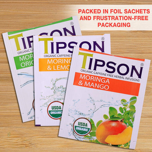 Tipson Organic Moringa Herbal Tea - Caffeine Free Mango Flavor - 25 Premium Double Chambered Bags - Keto/Paleo
