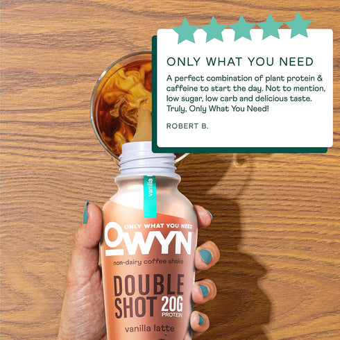 20g 0g 3g 180mg 12 OWYN Only What You Need Double Shot Mocha Latte, Vanilla Latte and Caramel Macchiato Flavored