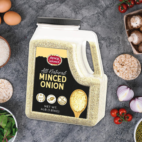 Spicy World 4 LB Minced Onion Jar Gluten Free, Bulk Dehydrated Chopped Onions for Cooking, Dried Onion Flakes, Non-GMO