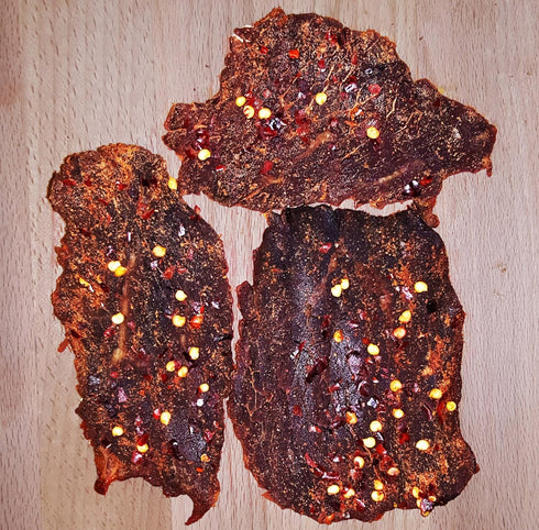 (Pack 3), 13g Katie's Beef Jerky - Seriously Spicy Beef Jerky of made with premium quality beef, of Protein per