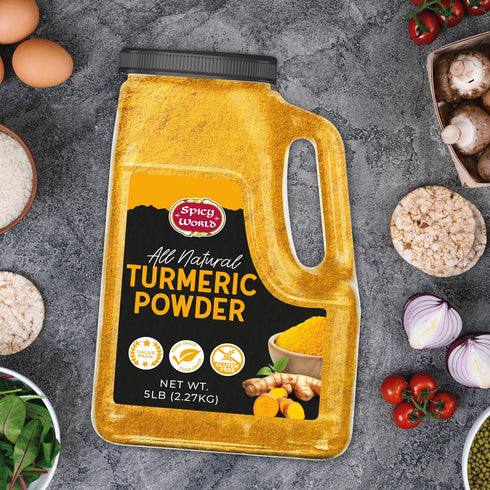 Spicy World 5 LB Turmeric Powder Jar Gluten Free, Bulk Turmeric with Curcumin, Ground Haldi Spice for Cooking, Pure