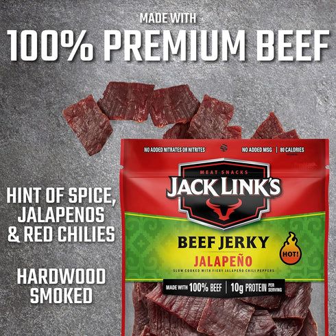 10g 80 100% 2.85 Oz. Jack Link's Beef Jerky, Jalapeno Flavorful Meat Snack, Ready to Eat Protein Snack with of Protein