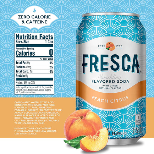 Fresca 12 oz, 12 Pack Peach Soda Sparkling Flavored Soft Drink Zero Calorie and Sugar Free, fl