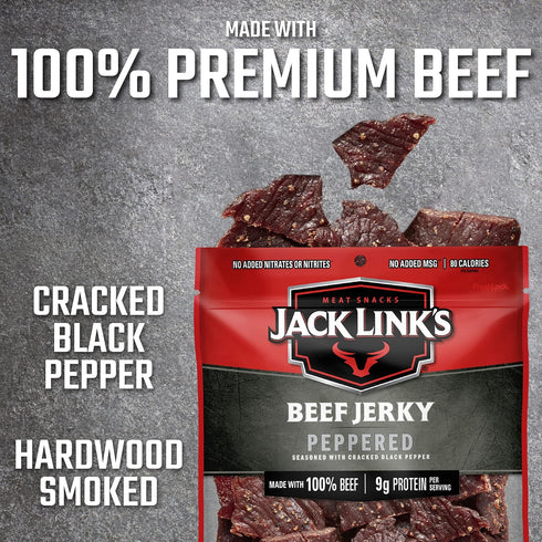 2.85 oz 9g 80 95 Jack Link's Beef Jerky, Peppered Flavor, - Flavorful Meat Snack, of Protein and Calories, Made