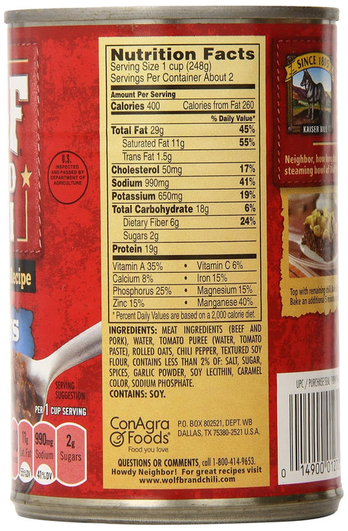 Wolf Brand Chili 15 (Pack 12) with No Beans, Ounce