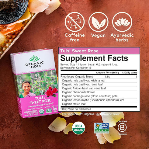 Immune 18 6 Pack Organic India Tulsi Sweet Rose Herbal Tea - Holy Basil Leaf, African Basil, Chamomilie, Lemon Myrtle