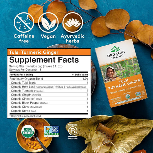 Immune 18 6 Pack ORGANIC INDIA Tulsi Turmeric Ginger Herbal Tea - Stress Relieving & Harmonizing, Support, Aids
