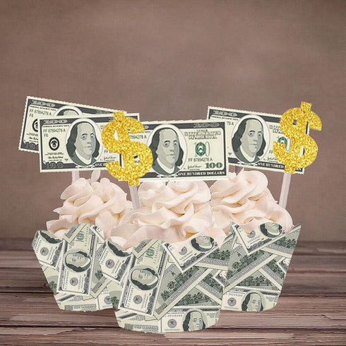 The DaPai 48Pcs 100 Set Dollar Bill Cupcake Wrappers and Toppers Currency Symbol Cupcake Holders with Treat Picks Kit