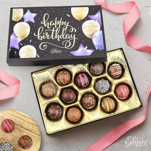 Empire Delights 12 6 oz Happy Birthday Chocolates - Assorted Milk & Dark Chocolate Truffles - Gourmet Box - Birthday