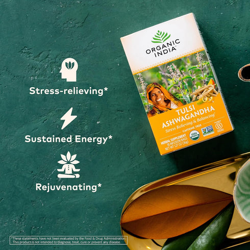 18 3 Pack ORGANIC INDIA Calming Tulsi Ashwagandha Herbal Tea - Holy Basil Tea with Ashwagandha Root, Supports Restful