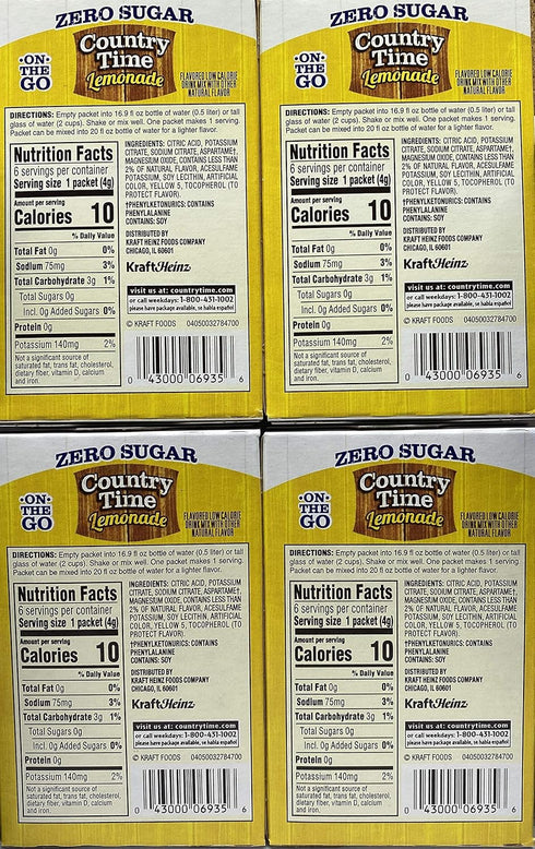 Country Time Lemonade Sugar Free On the Go! 6 Packets Powder (Pack of 4) - Gluten Free