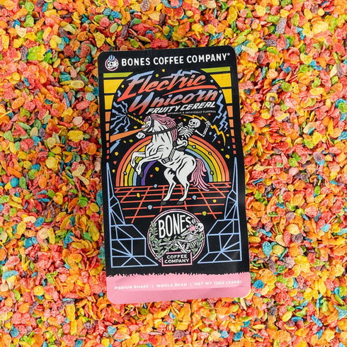 12 Oz Bones Coffee Company Electric Unicorn, Fruity Cereal With Milk Flavored Coffee, Medium Roast Low Acid Arabica
