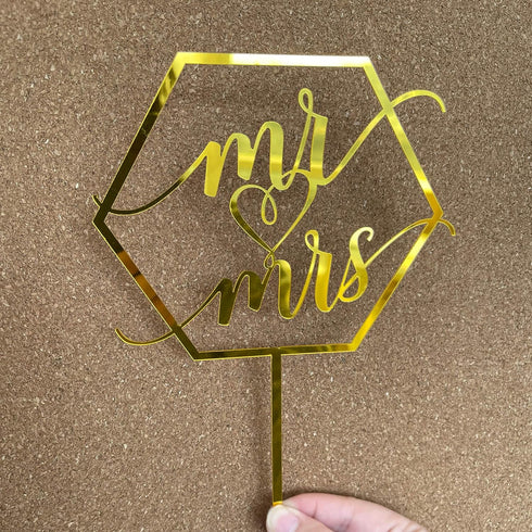 Larger Size Acrylic Mirror Gold Hexagon Mr and Mrs Cake Toppers - Elegant Handwriting Wedding, Bridal Shower,