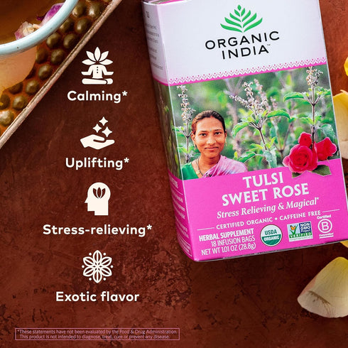 ORGANIC INDIA Tulsi Sweet Rose Herbal Tea - Holy Basil Leaf, Chamomile, Lemon Myrtle, Immune Support, 18 Infusion Bags