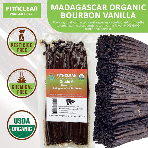 20 ~6" Madagascar Organic Vanilla Beans Grade A. Certified USDA Organic. by FITNCLEAN VANILLA for Baking, Extract