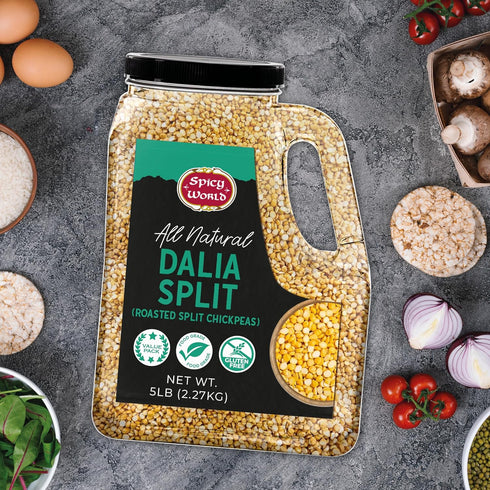 Spicy World 5 LB Daliya Split (Roasted Split Chickpeas Dalia) Bulk Jar - All Natural, Pure, For Chutneys, South Indian