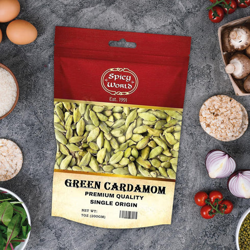 Spicy World Whole Green Cardamom Pods, 7 Oz Large Bag (200g), Natural Spice, Vegan, Aromatic