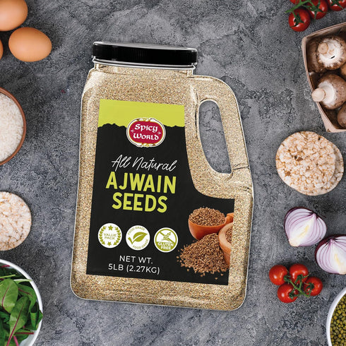 Spicy World 5 LB 100% Ajwain Seeds Bulk Jar - Carom Seeds, Bishops, Natural, Premium Quality - Great for Tea, Breads