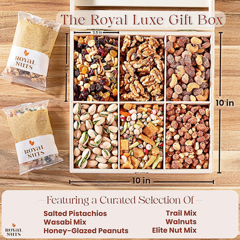 Royal Nuts Gift Basket Gourmet Mixed & Assorted Nuts in Reusable Wooden Crate | Deluxe Holiday Food & Nut Gift Box