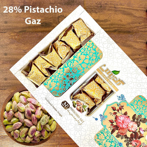 GOALDEES 28% 350g Persian Nougat Gaz Traditional Sweet with Pistachios, Halal Candy, Soft & Chewy Natural Treat