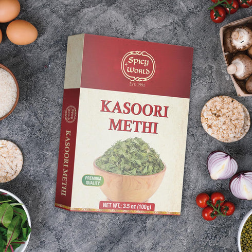 Spicy World Dried Fenugreek Leaves (Kasoori Methi) 3.5oz Box (100g) - All Natural, Vegan, Gluten Friendly, NON-GMO
