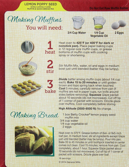14.5 Oz (Pack 2) Betty Crocker Lemon Poppy Seed Muffin & Quick Bread Mix