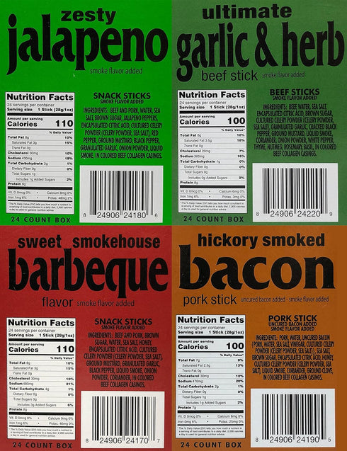 Pack 20 8 Western's Smokehouse Meat Sticks Variety of Flavors of Pork and Beef Jerky Sticks - Gluten-Free, MSG-Free