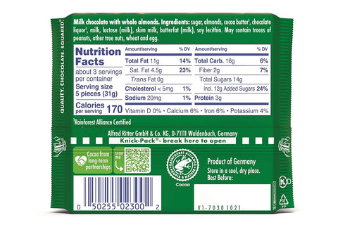 3.5 11 Pack, 100% Ritter Sport Milk Chocolate with Whole Almonds, Ounce Bar, certified Sustainable Cocoa